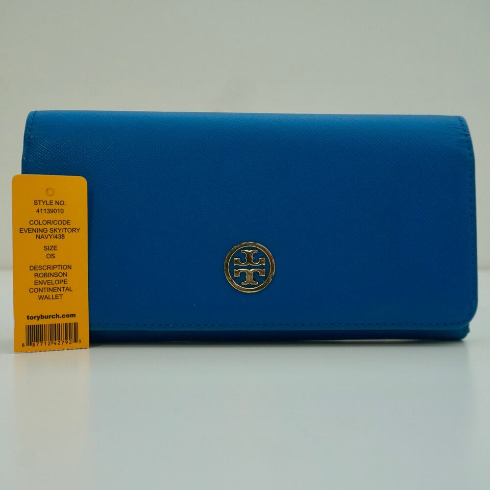 Tory Burch Robinson Continental Envelope Wallet - Blue Leather NEW